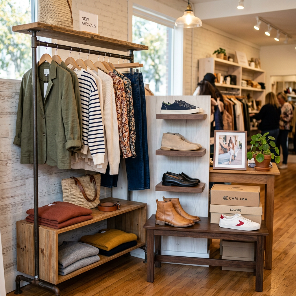 Clothing rack with jackets, sweaters, and jeans next to shelves showcasing shoes and accessories