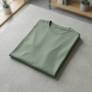 Folded sage green T-shirt on gray textured surface