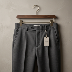 Gray dress pants with a fine tailoring tag hanging on a wooden hanger