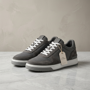 Grey sneakers with white laces and a fine tailoring tag on marble surface