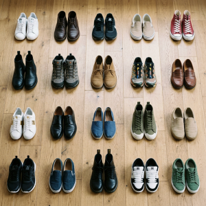 Multiple pairs of shoes arranged in rows on a wooden floor.