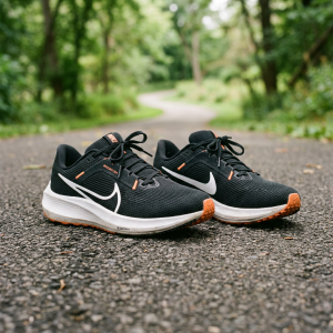 Black Nike running shoes with white swoosh on a paved outdoor trail