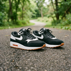 Black Nike running shoes with white swoosh on a paved outdoor trail